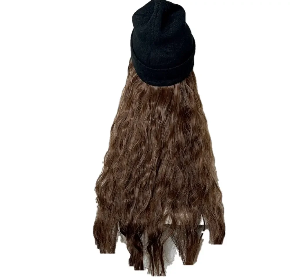 Long Curly Wavy Brown Hair Beanie Wig • Black Knit Hat Attached Extensions 30”